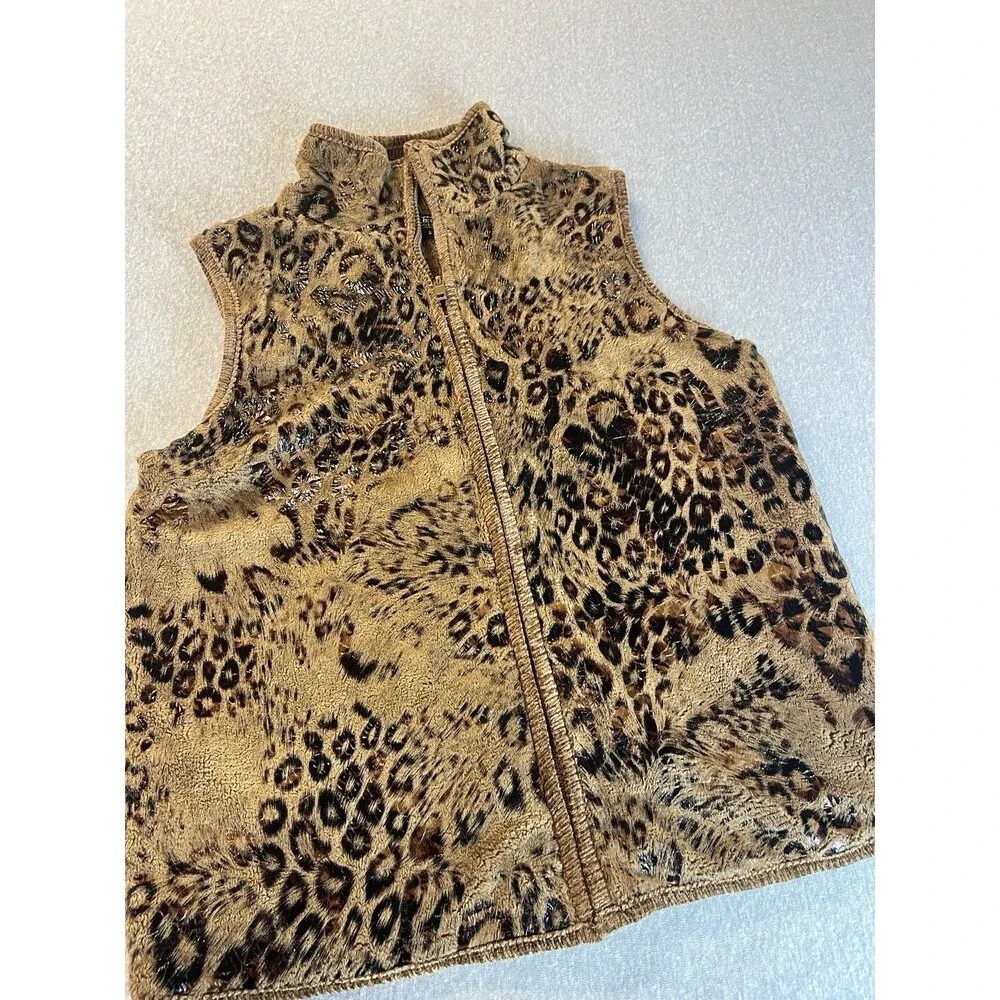 Lisa International Y2K Leopard Faux Fur Vest Womens Small Brown Zip Animal Print